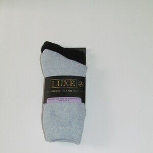 LUXE Women's Cashmere Blend Socks 2 Pairs Light Blue/Black NEW